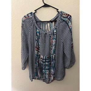 Zac & Rachel Womens Blouse Top L Chevron Print 3/4 Sleeve Keyhole Career (A733)